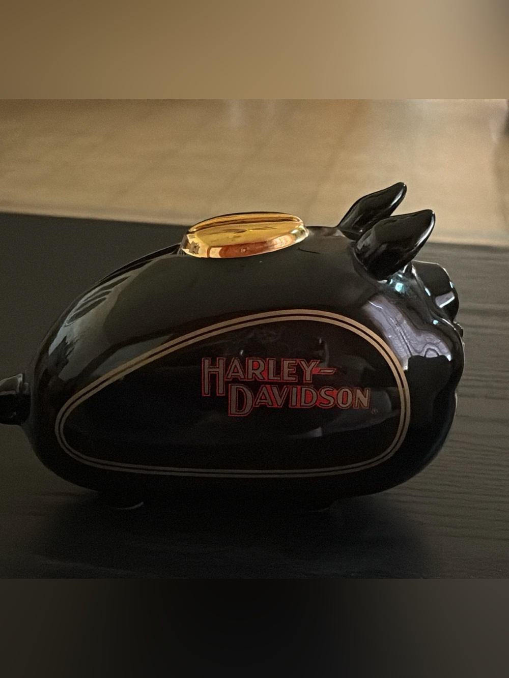 Harley-Davidson Black and Gold Ceramic Piggy Bank with Red Logo
